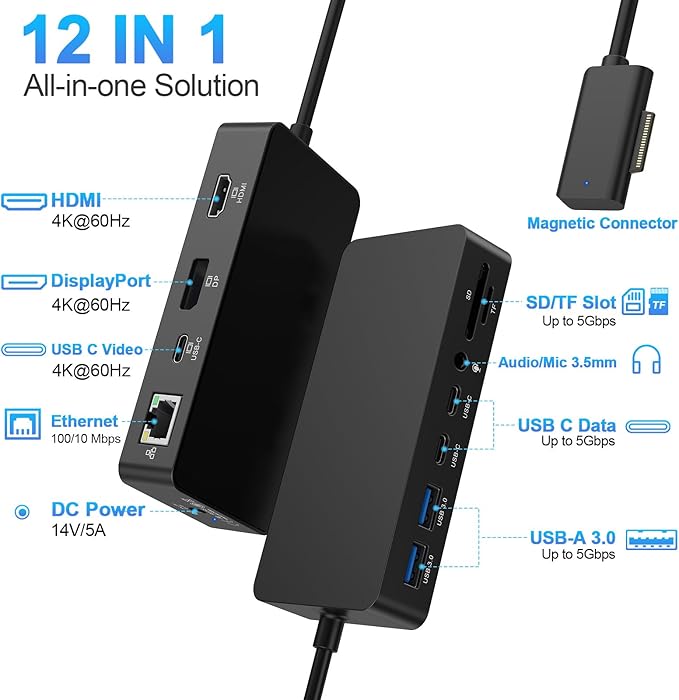 New Dock Triple Displays 4K@60Hz HDMI+USB C+DP Compatible with Surface Pro 12/11/10/9/8/X/7/6/5/4/3 Surface Laptop 7/6/5/4/3/2/1 Surface Laptop Go 3/2/1 Surface Go 4/3/2/1 Surface Book 3/2/1