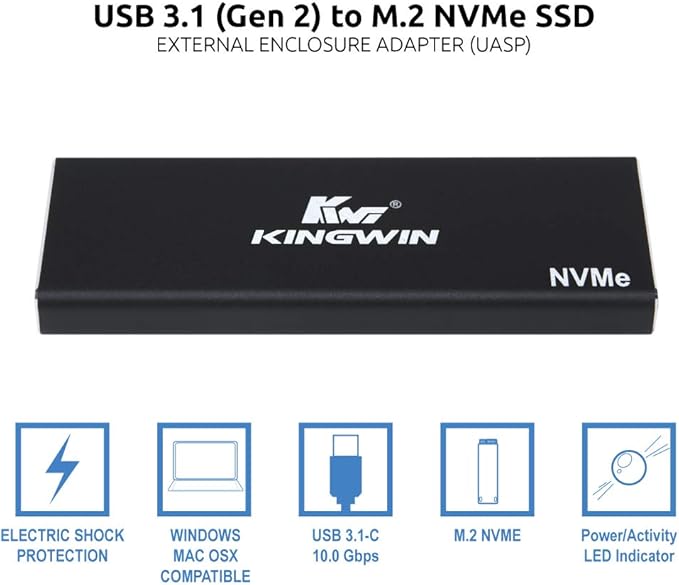 Kingwin M.2 SSD NVMe External Enclosure 10Gbps USB 3.1 Gen 2 M-Key to USB C Solid State Drive Adapter PCIe USB 3.0 USB C Cables Fit Size 2230/2242/2260/2280 Aluminum KM-U3NGFF-NVE