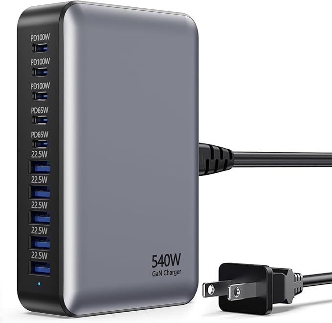 USB C Fast Charger Block USB Charging Station 540W PD 100W Laptop Charger GaN Charging Block 10 Port Multi Port Charer Hub Compatible with LaptopMacBookiPadiPhoneSamsung GalaxyDell
