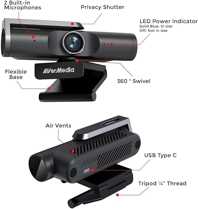 AVerMedia PW515 4K Ultra HD Business Webcam with Microphone for PC/Desktop/Laptop/Mac with AI Auto Framing for Streaming Meeting Video Calls Sony Sensor Works with Teams Zoom Google Meet OBS