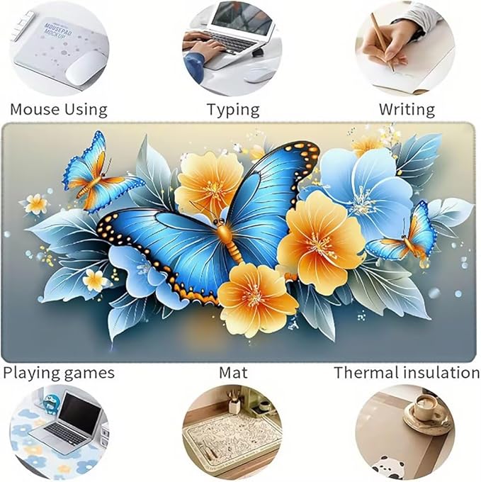 Large Mouse Pad Butterfly Desk Mat Blue Office Gaming Mouse Pad with Stitched Edges 40x20in Extended Mousepad with Non-Slip Waterproof Rubber Base for PC Laptop Desk Home Office Accessories a-1438
