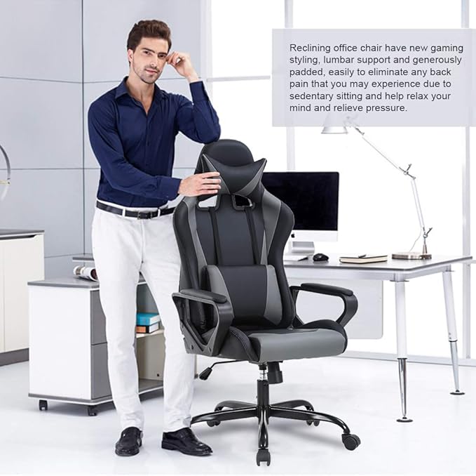 Gaming Chair Computer Gamer Racing Chair High Back Video Game Chair Leather Gaming Chair Ergonomic Adjustable Swivel Racing Chair with Headrest and Lumbar Supportfor Back Pain WomenMen (Grey)