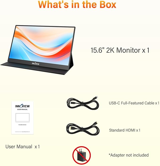InnoView Portable Monitor 15.6 2K QHD for Laptop with Protective Sleeve Built-in 90° Adjustable Stand USB C HDMI Ultra-Slim Portable Laptop Monitor for MacBook Phone PS Xbox Switch