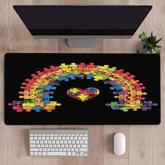 Large Mouse Mat Autism Rainbow Color Computer Mousepad with Non-Slip Rubber Base Waterproof Mouse Pad Desktop Keyboard Pad for GamerHome School Laptop Office Accessories35.4x15.7 in
