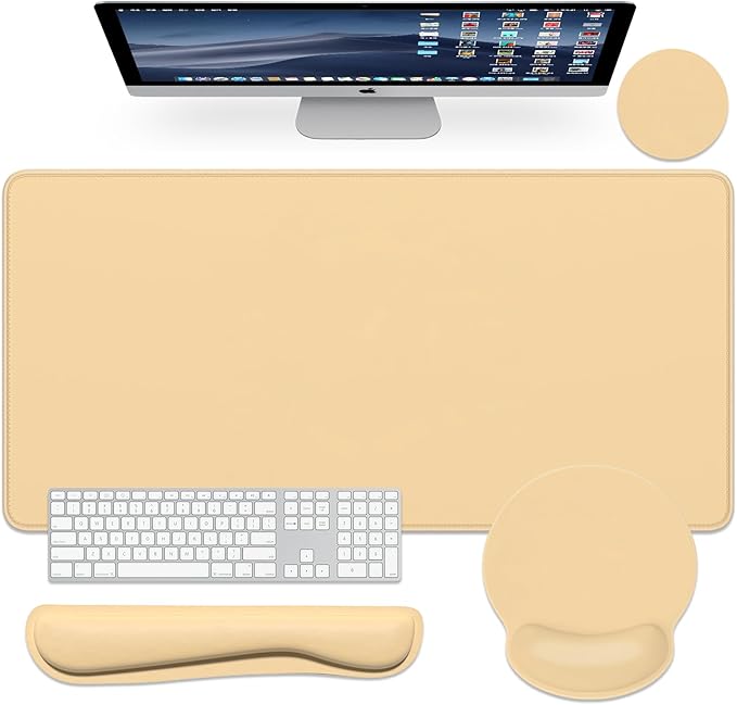 Dapesuom Large Gaming Mouse Pad Mouse Pads with Wrist Rest Wrist Support 4in1 XXL Desk Mat Desk Pad + Ergonomic MousePad + Memory Foam Keyboard Mat Wrist Rest + Coaster Set for ComputerNavajo White