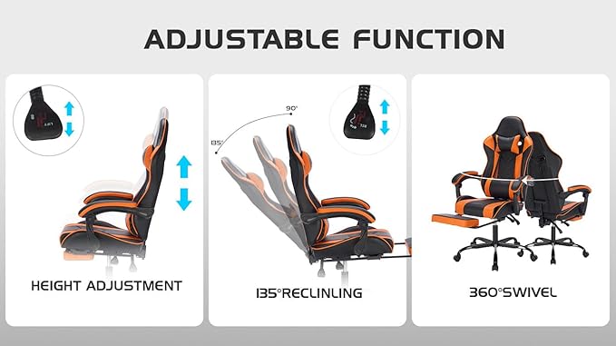 Gaming Desk Chair for Adults Ergonomic Gaming Chair with Footrest &amp Headrest and Lumbar Support Leather Material Height Adjustable Computer Video Game Chairs (Black+Orange)
