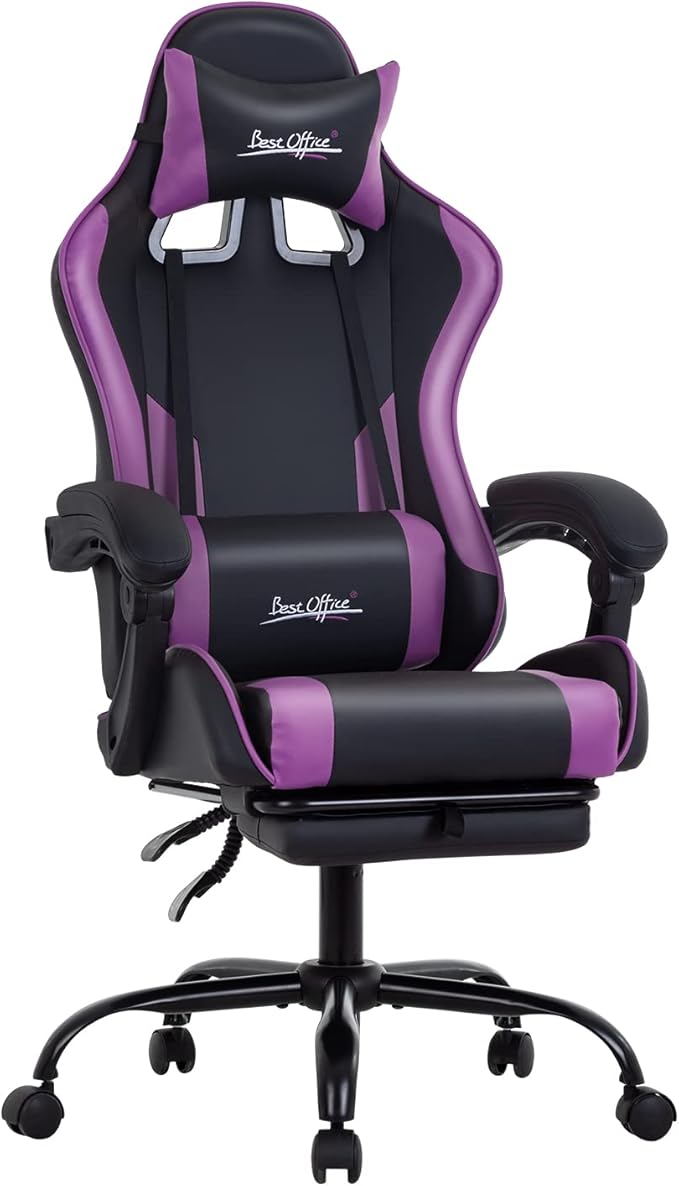 Gaming Chair Office Chair Desk Chair with Footrest Lumbar Support Headrest Armrest Task Rolling Swivel Ergonomic E-Sports Adjustable PC Gamer Chair (Purple)