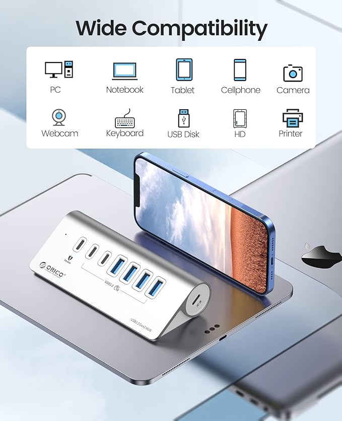 ORICO 7 Port USB Hub 10Gbps Aluminum USB 3.2 Gen 2 Hub 6 USB 3.2 Data Ports PD 60W Ports 1.64Ft C to C Cable USB Data Hub for Laptop