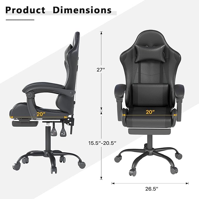 DJY-2470 Ergonomic Gaming Chair Racing Style Computer Chair with Adjustable Lumbar Support &amp Reclining PU Leather Video Game Chair for Adults Black