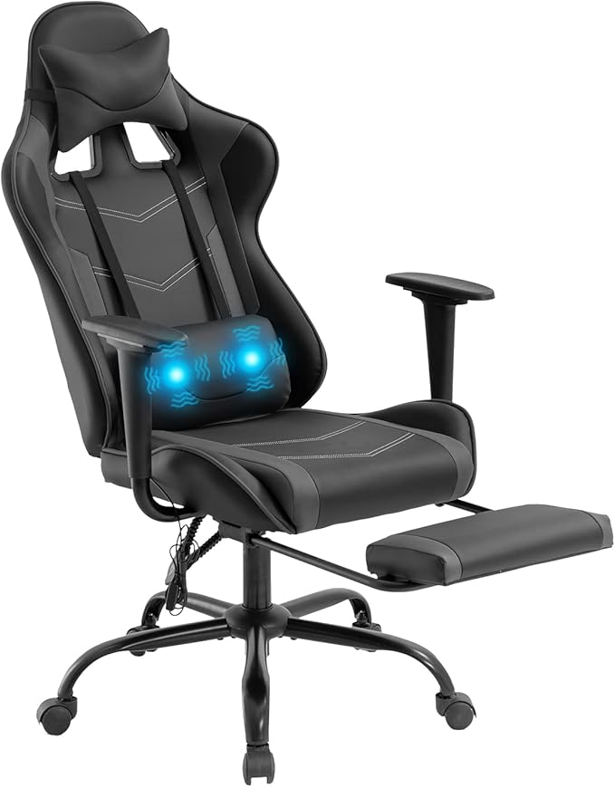 Ergonomic Big and Tall Gaming Chair - Massage Function Lumbar Support Footrest &amp Armrest - PU Leather Racing Style Chair for Adults