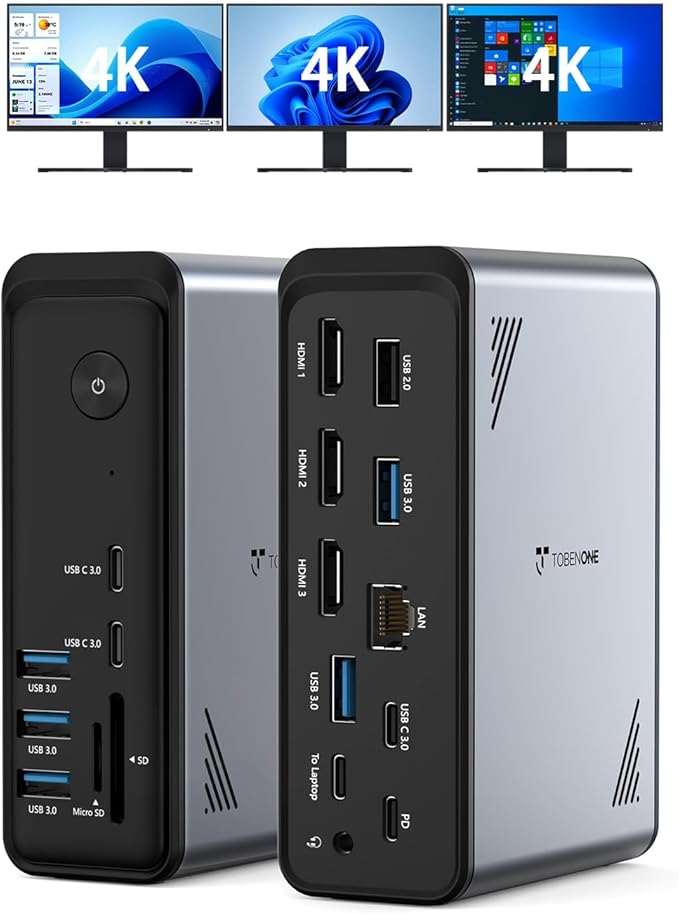 TobenONE 18 in 1 Laptop Docking Station 3 Monitors Triple 4K Display with 3 HDMI 9 USB Ports Gigabit Ethernet PD3.0 for Windows/Dell/Lenovo/HP/Thinkpad Laptops (No Power Adapter)
