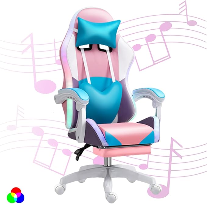 XOOFMASS RGB LED Gaming Chair for Adults Ergonomic Video Game Chair with Speakers Lumbar Support Office Chair Reclining Computer Chair with Footrest PU Leather Chair with Adjustable BackrestPink