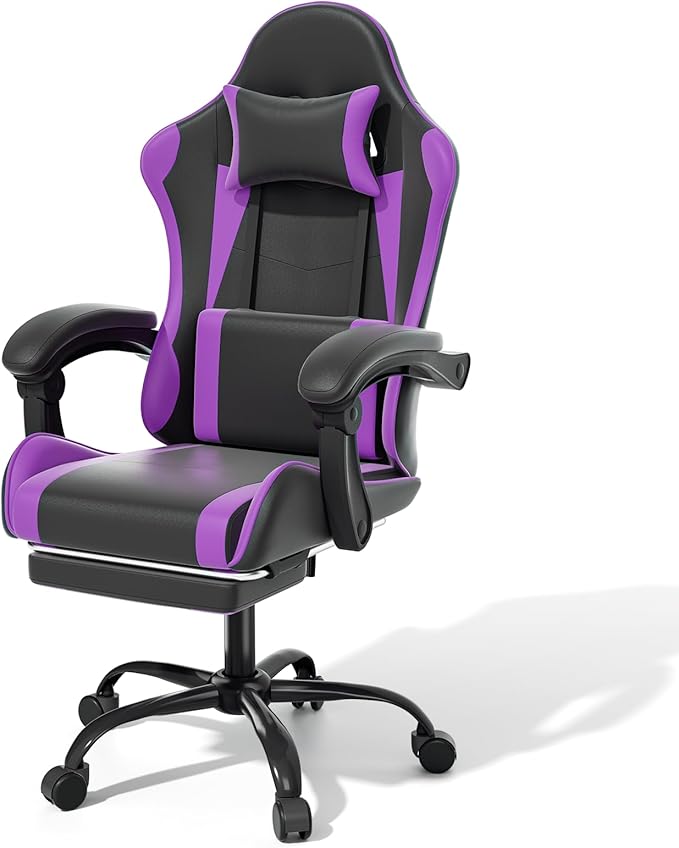 MoNiBloom Gaming Chair Office Chair Leather High Back Computer Chair with Headrest and Lumbar Support 360° Swivel Ergonomic Footrest Adjustable Gamer Chair for Adult Teen Home Office Using Purple