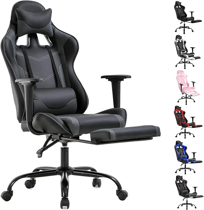 Gaming Chair Ergonomic Office Chairs PU Leather High-Back Computer Chair with Footstool and Lumbar Support360°Swivel Game Chairs with Headrest for Office &amp GamingBlack (Grey)