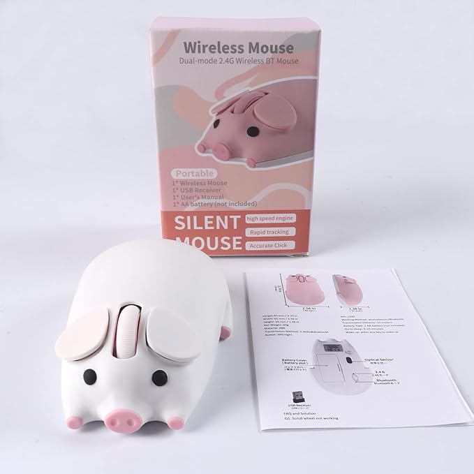 Wireless Bluetooth Mouse Cute Little Pig Dual Mode(BT &amp 2.4G USB) Silent Portable Ergonomic Wireless Optical Kawaii Mice for PC Laptop Tablet Computer Kids Boys Girls Animal Lovers Gift (White)