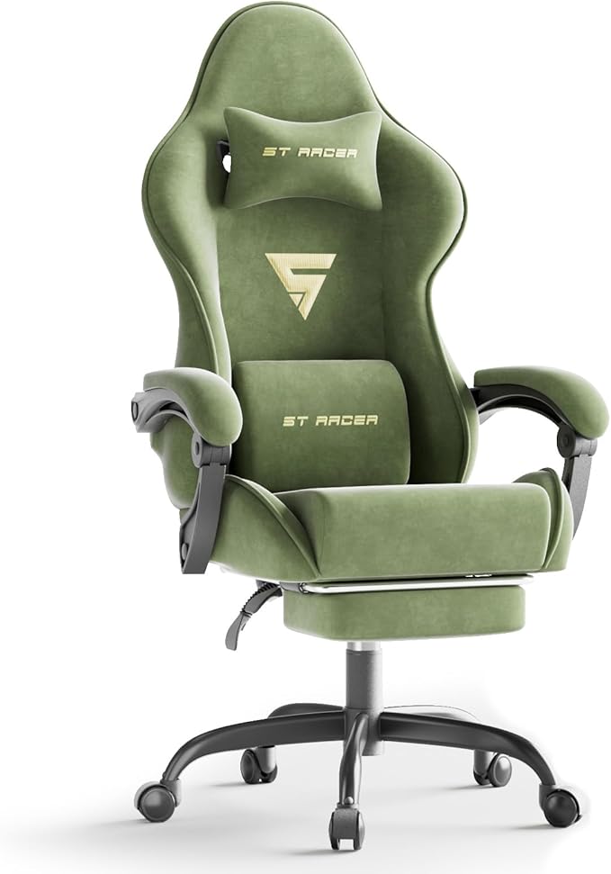 Ferghana Velvet Fabric Ergonomic Gaming Chair with Footrest and Massage High Back Reclining Computer Gamer Chair for Adult Racing Style PC Video Game Chair Suitable for Home Office (Green)