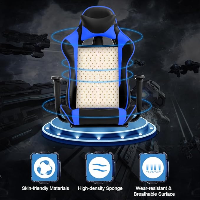 Computer Swivel Gaming Chair Video Game Chair PU Leather Executive Chair High Back Gaming Office Chair with Lumbar Support Adjustable Armrest Headrest Footrest for BoysGirls(Blue)