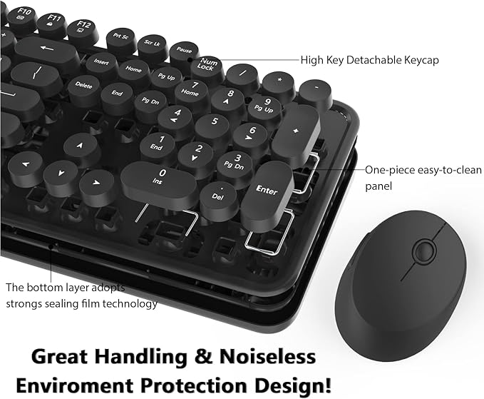 Wireless Keyboard and Mouse KOOTOP Cute Black Keyboard and Mouse 2.4G Wireless Keyboard with Retro Round Keycap for PC Mac LaptopTabletComputer Windows (Black)