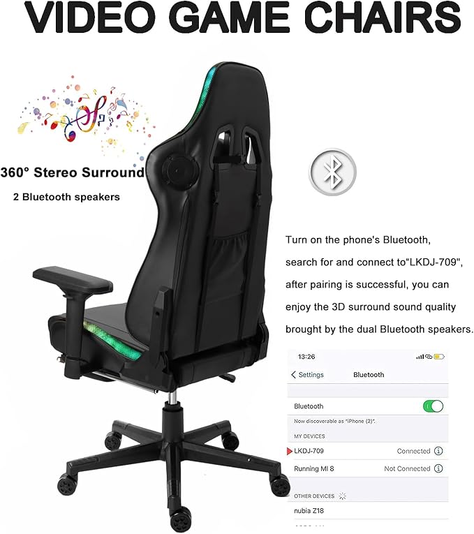TBQATNTS LED Gaming Chair with Massage High Back PU Video Game Chair with Speakers Adjustable Lumbar Support and Headrest Reclining Computer Gaming Chair for AdultsBlack