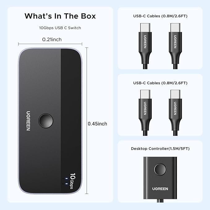 UGREEN USBC Switch 2 Computers Share 4 USB 3.2 Ports 10Gbps Switcher Selector for PC Laptop Keyboard Mouse Sharing Switch Adapter with 2 USB-C to C Data Cables and Remote