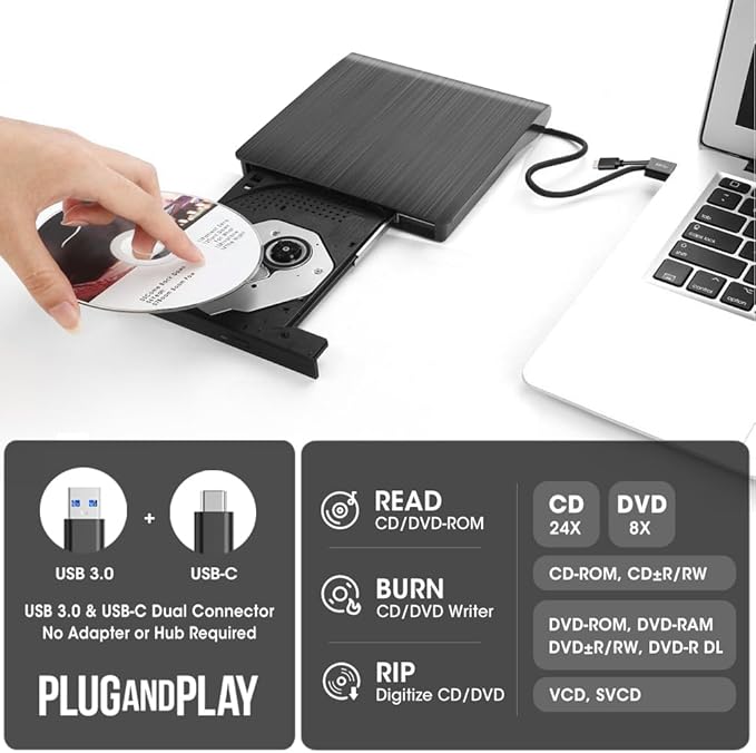 ROOFULL External CD/DVD Drive with Carrying Case for Laptop USB 3.0 Type-C CD Burner Reader Writer DVD Player ROM/RW USB-C Portable Optical Disk Drive for Mac PC Windows 11/10 MacBook Linux Computer