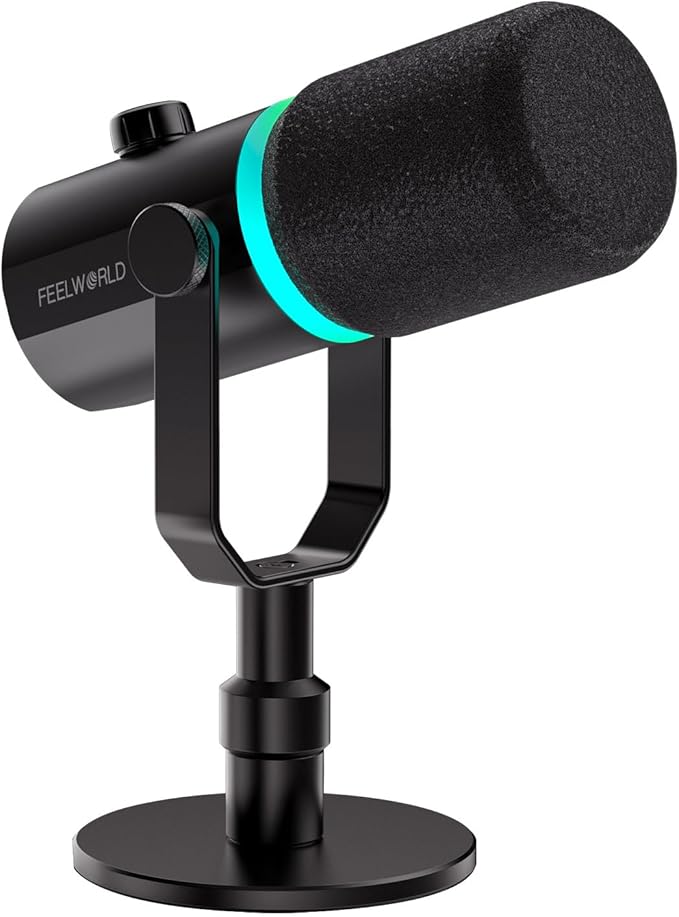 FEELWORLD PM1 XLR USB Dynamic Microphone with Desktop Stand Gifts for Podcast Recording PC Computer Gaming Live Streaming Vocal Voice-Over Studio Metal Mic RGB Light Mute Button Headphones Jack