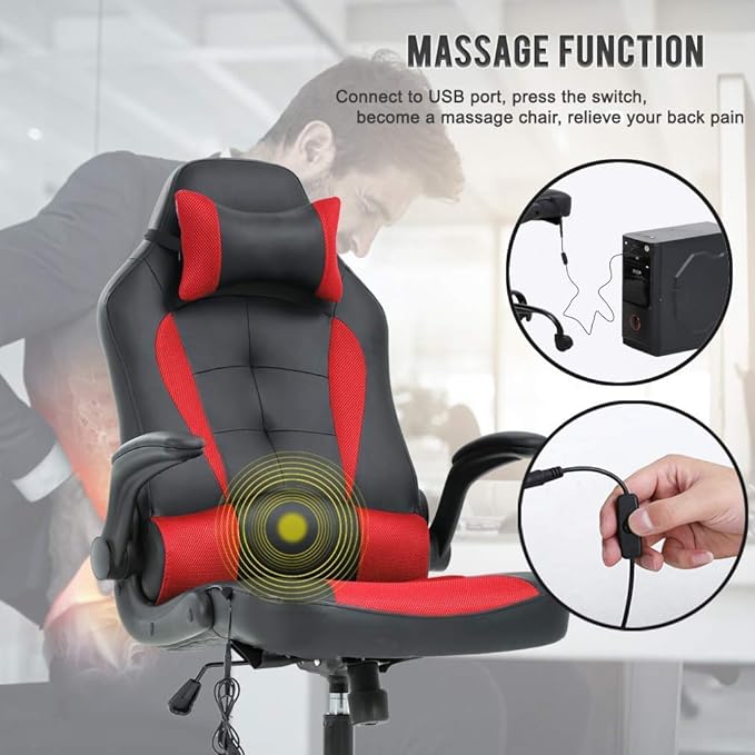 Comfortable Gaming Chair with Massager Video Game Chair Gamer Chair for Adults Computer Desk Chair with Lumbar Support and Flip-up Armrests Rolling Chair with Wheels for Adults
