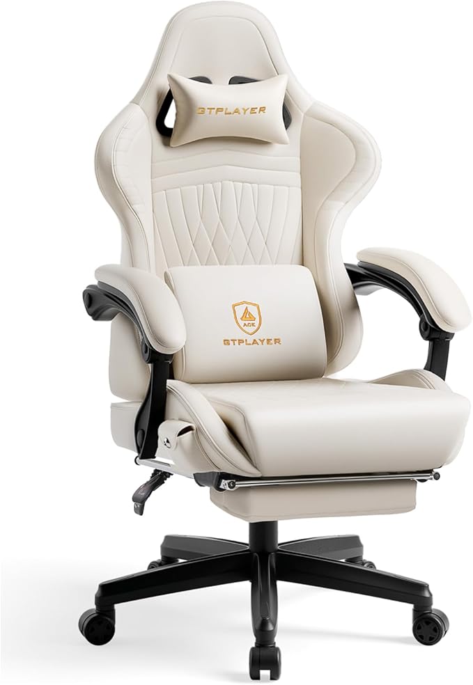 GTPLAYER Gaming Chair for Adults Ergonomic Computer Game Chairs with Speakers Footrest &amp Linkage Armrest Reclining High Back Silla Gamer for Home Office Ace Pro Off-White