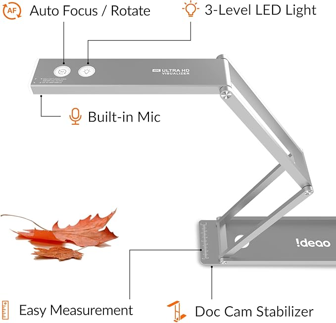 Ideao DC400 4K USB Document Camera Webcam &amp Scanner 3-in-1 13MP 4K/30fps 1080/60fps Autofocus Built-in Mic and LED lamp OCR Win Mac Chromebook Meetings Distance Learning &amp Teaching