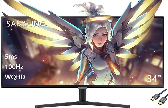 Samsung 34 S50GC Series Ultra-WQHD ViewFinity Monitor 100Hz 5ms Black Borderless Design AMD FreeSync Eye Care with HDMI Cable