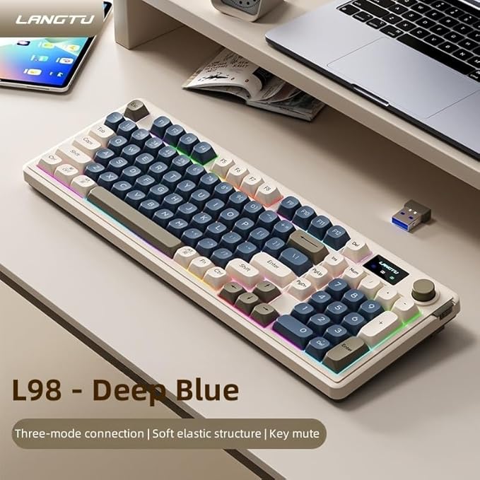 L98 96% Membrane KeyboardTri-Mode Connectivity RGB BacklightsRotary Knob+ScreenGasket MountedSa Profile Keycaps98 Keys Software Programmable Gaming Keyboard for MAC/Win (Deep Blue)