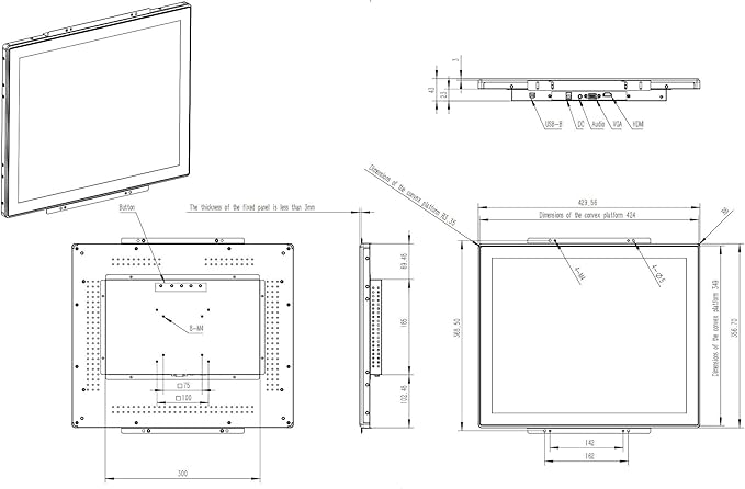 19 Inch Open Frame Capacitive Touchscreen Monitor 1280x1024 Resolution 5:4 Aspect Ratio WaterproofVESA+Panel Mount for Kiosk Automation POSVendingHMI and Digital Signage 7x24h Work