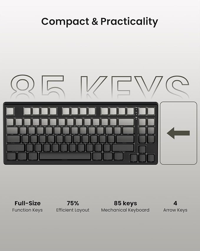 KN85 Wireless Mechanical Gaming Keyboard 75% Layout with RGB Backlit Custom Hot Swappable Creamy Sound Bluetooth/2.4GHz/USB-C Compatible with Windows/Mac/PC(Gradient Gray Side Printed)