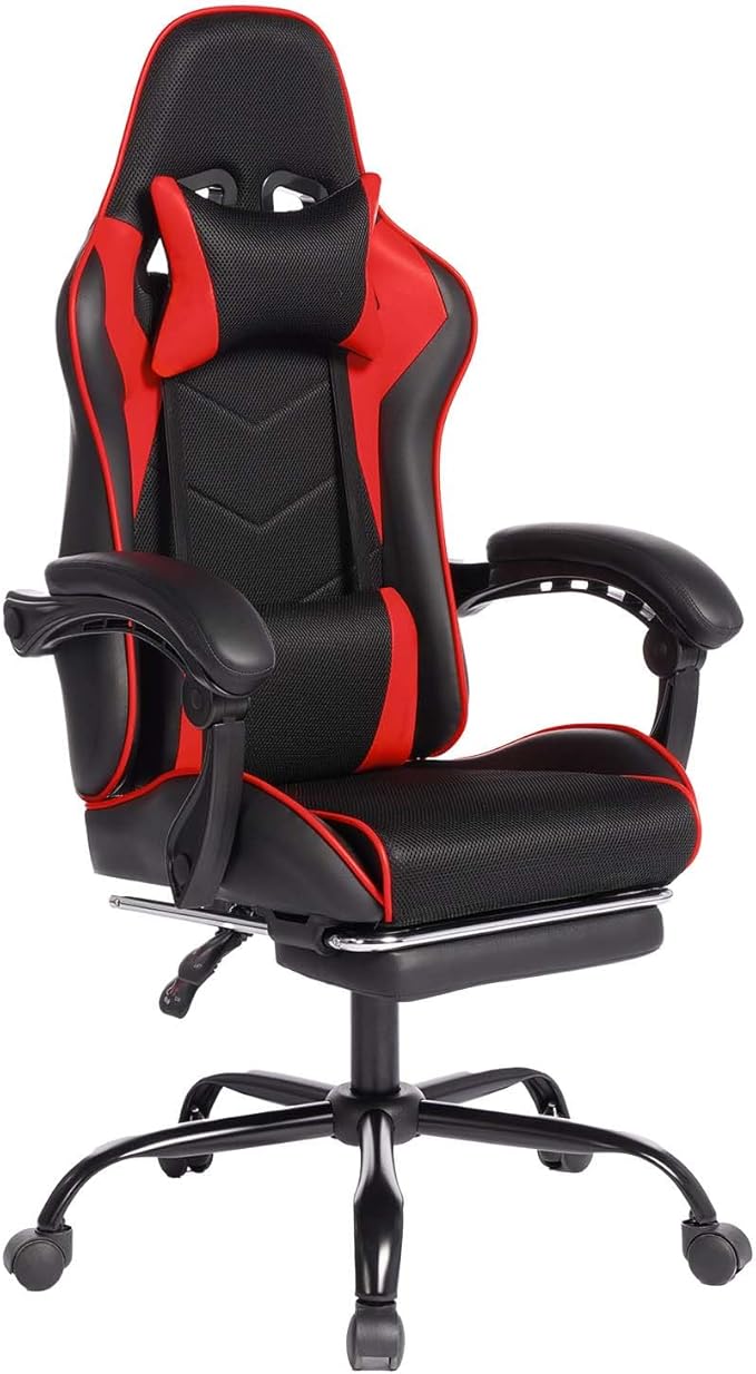 Leather Ergonomic Gaming Chair with Footrest Comfy Red Gaming Chair with Comfortable Headrest &amp Lumbar Support for Adults Kids Women Men Boys 300 LBS Capacity (Black&ampRed)