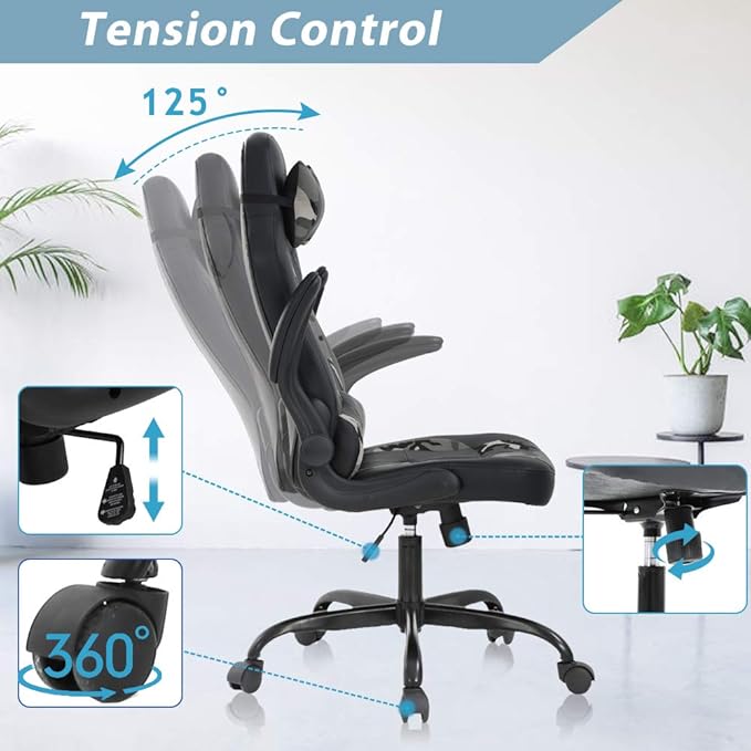 Gaming Chair High Back Home Office Chair Ergonomic PC Racing Chairs with Flip-up Arms PU Leather Computer Chairs Adjustable Height Swivel Executive Black &amp Camo
