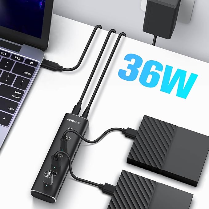 Rosonway 7 Ports Powered USB 3.2/USB C Hub 10Gbps with 4 USB-C 3.2 3 USB-A 3.2 Ports 3.3ft Cable and 36W(12V/3A) Power Adapter Aluminum USB Splitter for Laptop RSH-H7C4