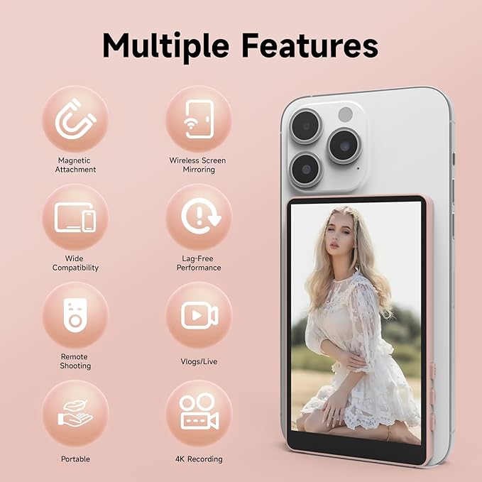 Vamvo Selfie Monitor Screen Vlog Magnetic with Remote Control 1080P Wireless Screen Mirroring Video Recording for Android iOS for Content Creator Live Stream &amp TikTok (Pink)