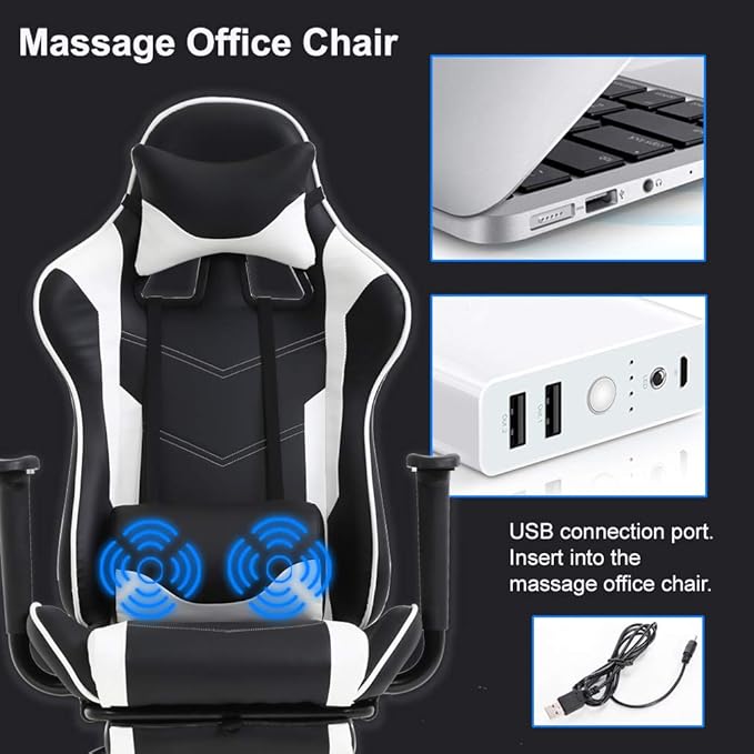 BestOffice PC Gaming Chair Racing Office Chair Ergonomic Desk Chair Massage PU Leather Recliner Computer Chair with Lumbar Support Headrest Armrest Footrest Rolling Swivel Task Chair for Adults White
