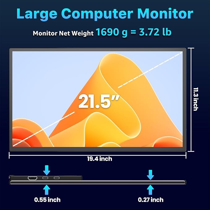 Portable Monitor 21.5 inch FHD 110% sRGB 120Hz IPS HDR HDMI USB-C Travel Monitor for Laptop MacBook PC Surface PS5 Xbox Large External Display with Kickstand &amp Speakers VESA Compatible