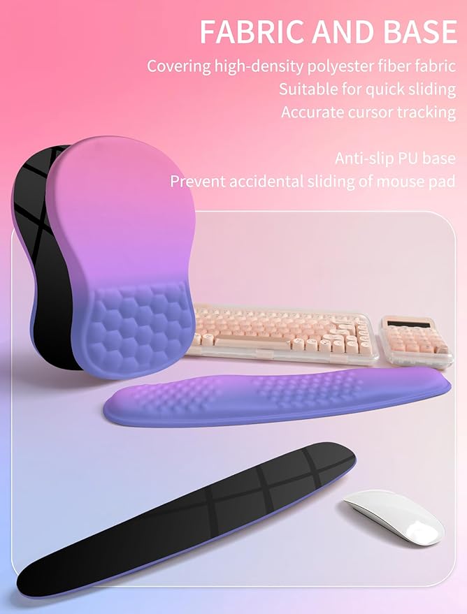 Hokafenle 2in1 Combination Wave Keyboard Wrist Rest and Ergonomic Curvature Mouse Pad Wrist Support for Relieve Wrist Pain Filled with Soft Cushion Memory Foam Gradient Blue Purple