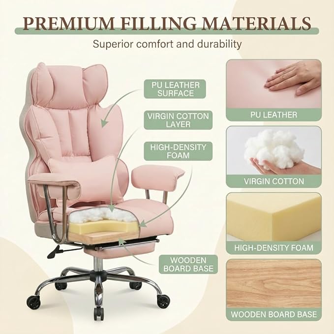 Big and Tall Office Chair 400lbs - Heavy Duty Executive Desk Chair with Footrest High Back PU Leather Ergonomic Computer Chair with Extra Wide Seat &amp Thick Cushion for Home Office (Pink)