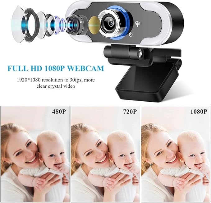 1080P Webcam Microphone PC Web Camera Drive-Free Cam Computer LED Fill Light