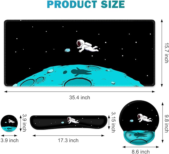 Gaming Mouse Pad Large Desk Mat Cute Desk Pad Protector 4in1 XXL Mousepad + Keyboard Wrist Rest+Mouse Wrist Rest+Coaster Set with Ergonomic Desk Pad for Home Office PC Computer Cool Space Alien