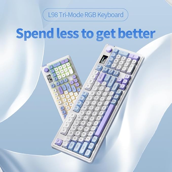L98 96% Membrane KeyboardTri-Mode Connectivity RGB BacklightsRotary Knob+ScreenGasket MountedSa Profile Keycaps98 Keys Software Programmable Gaming Keyboard for MAC/Win (Blue Purple)