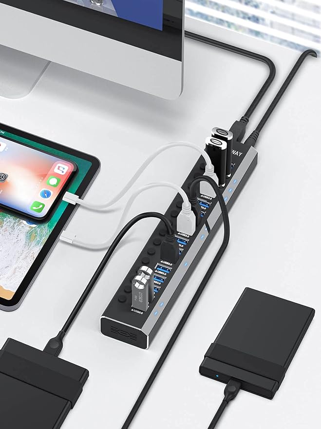 Powered USB Hub Rosonway 16 Ports 96W USB 3.0 Data Hub Aluminum USB Hub 3.0 Splitter with 12V/8A Power Adapter and Individual On/Off Switches RSH-A16 (Black)
