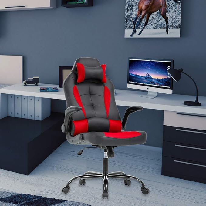 Meet perfect Gaming Chair Ergonomic Office Chair Desk Chair Leather Computer Chair Lumbar Support and Head Pillow Modern Executive Chair Adjustable Rolling Swivel Task Chair Home Office Chair Red