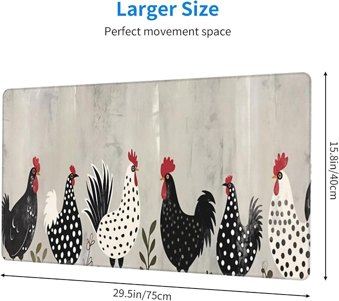 Farmhouse Rooster Hen Desk Cover MatExtended Large Mouse PadComputer Laptop Mat Desk Decor for Office Game Home 30x16 Inch