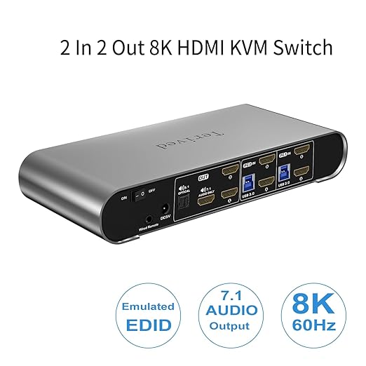 2 Computers 2 HDMI Monitor Automatic KVM Switch 8K@60Hz Hotkey Switching EDID Support 5.1/7.1 Audio and Microphone Aluminum Shell with Digital Display USB 3.0 Hub HDR10 with Cables