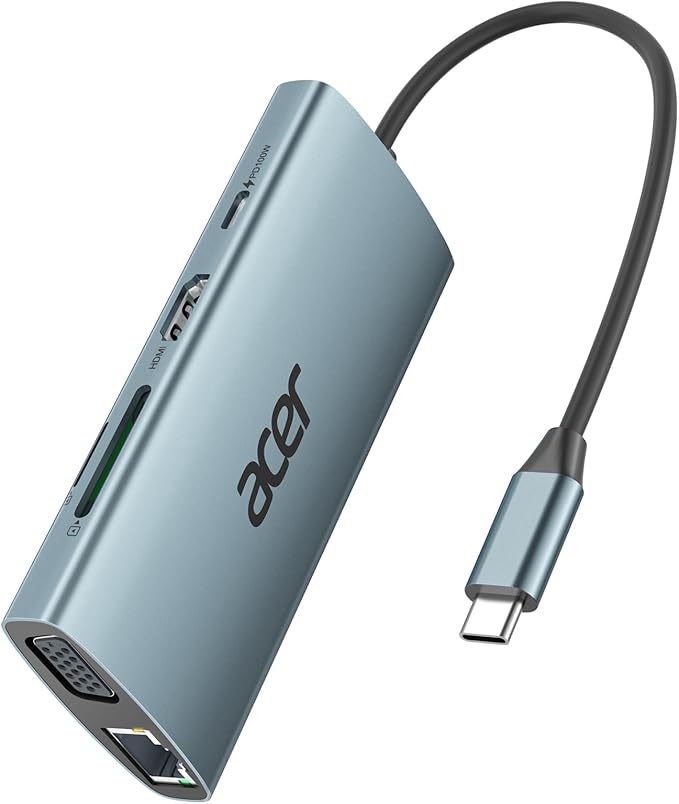 Acer USB C Hub with 4k HDMI 9-in-1 USB C to Ethernet Adapter 5Gbps USBA 3.0 Docking Station VGA Splitter SD Card Reader PD 100W Charging for MacBook Acer Laptops Surface and More