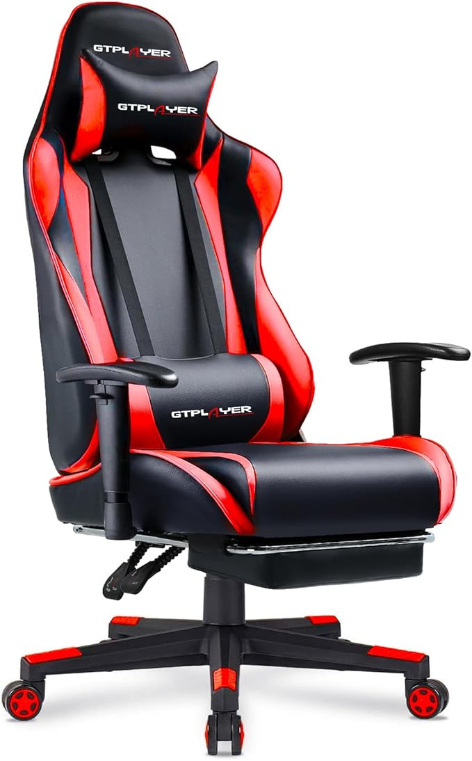 GTPLAYER Gaming Chair with Footrest Ergonomic Computer Game Desk Chair Reclining Gamer Chair Seat Height Adjustment Swivel Rocker with Headrest and Lumbar (Brickred)